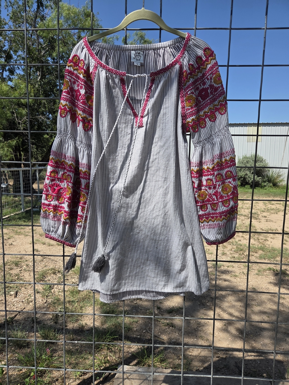 Boho Embroidered Peasant Top Dress - Grey Stripe Pink /Rust Accent